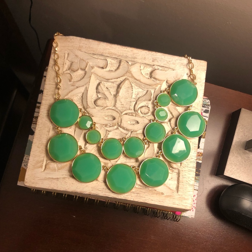 Double Row Collar Necklace with Beautiful Jade Tone on Gold Adjustable Chain